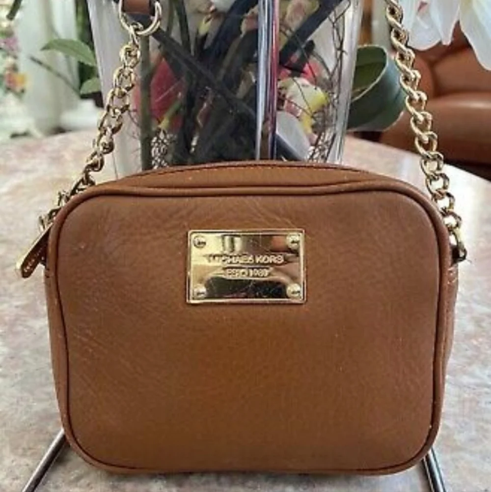 Michael Kors tan brown leather chain link mini crossbody bag